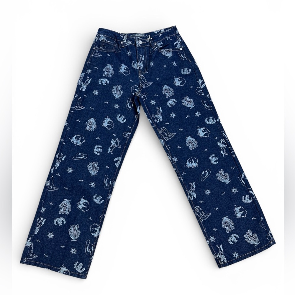 Women’s Navy Printed Bootcut Jeans - Casual Western Style - Picture 2 of 5